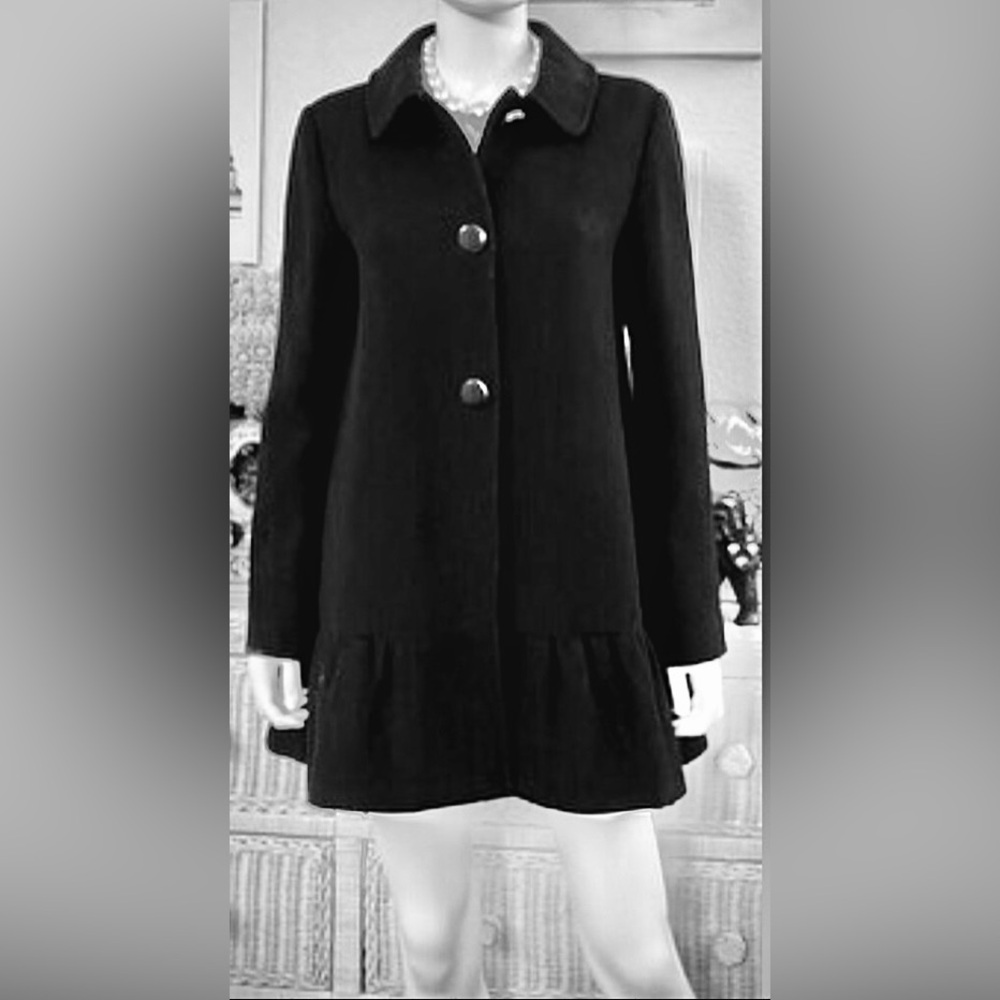 Kate Spade Short Coat Black Wool Peplum Ruffles Semi Pleated Size Petite S